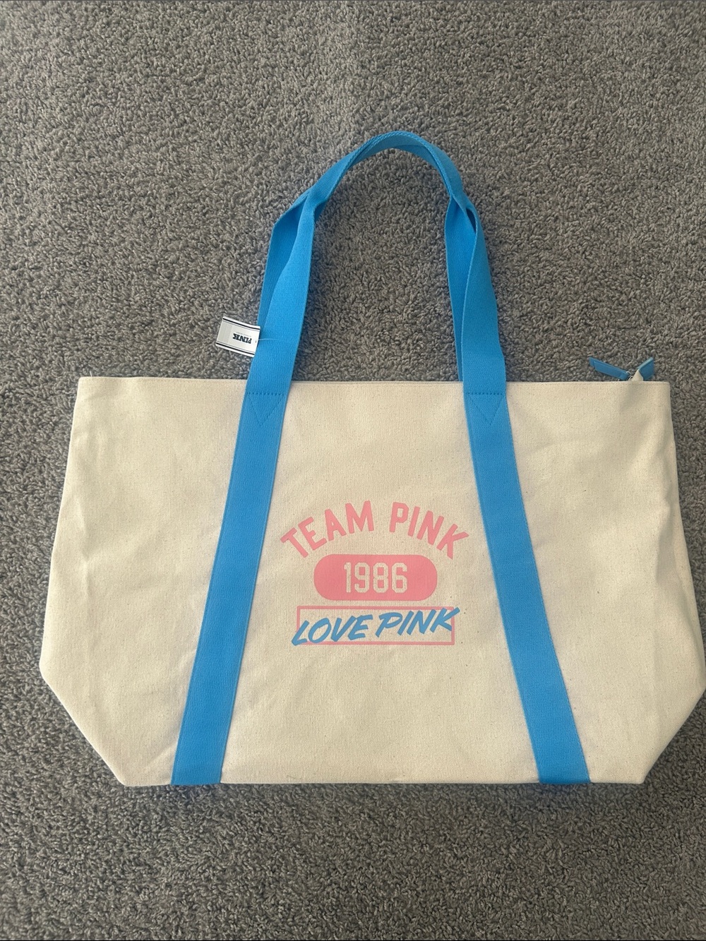 PINK Victoria's Secret Cream Canvas Tote with Blue Straps and Pink Logo
